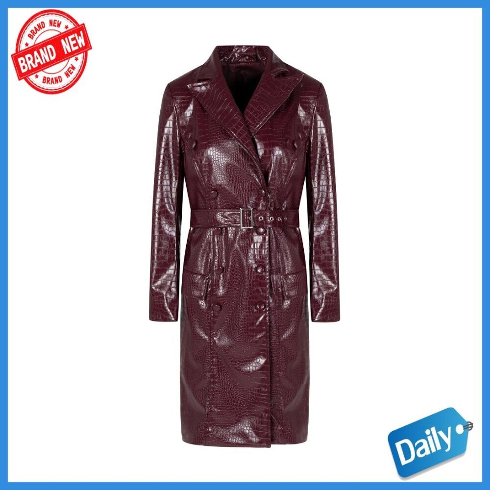 Long Faux Leather Trench Coat with Belt, Slim Fit, Knee Length